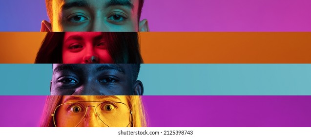 Neon Stripes, Loines. Closeup Human Eyes On Multicolored Background In Neon Light. Collage Made Of Cropped Faces Of Male And Female Models. Diversity. Concept Of Emotions, Media, Sales, Advertising.