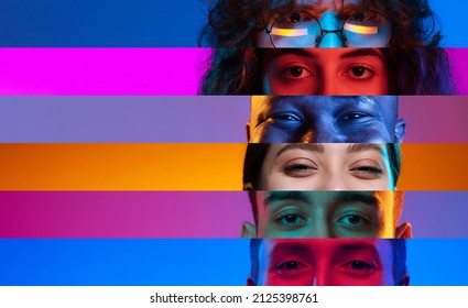 Neon Stripes, Loines. Closeup Human Eyes On Multicolored Background In Neon Light. Collage Made Of Cropped Faces Of Male And Female Models. Diversity. Concept Of Emotions, Media, Sales, Advertising.