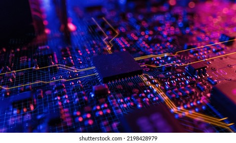 Neon Theme Visualization of Circuit Board CPU Processor Starting Digitalization Process and Information Computing, Processing a Lot of Data. Computer Graphics, Special Effects, Image.