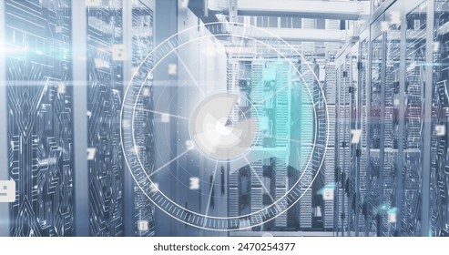 Neon ticking digital clock and hands at computer server room. Global business finances and digital interface concept digitally generated image.
