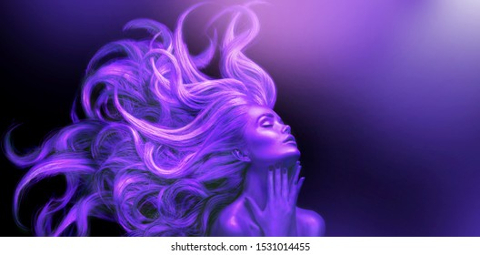 Neon Woman. Beauty fashion model girl with Long hair on black background in UV lights. Violet glowing skin and fluttering hair. Ultraviolet Dancing girl, art portrait, Hairstyle. Fashion art design. 