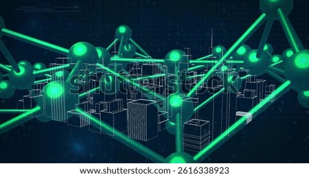 Neon-green network overlay is connecting wireframe city buildings in 3D render for technology. Futuristic, cyber, digital, technological, network, abstraction, virtual