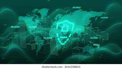Neon-green shield enclosing lock is being shown in 3D network with wireframe blocks, cybersecurity. Futuristic, digital, virtual, technology, security, innovation, network