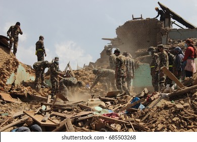 Nepal Army Clearing The Rubbles After The Earthquake Damage In Nepal.