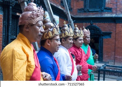 NEPAL, KATHMANDU, 6th SEPTEMBER 2017: Politicians celebrating Indra (Kumari) Jatra festival at Durbar Square. Indra Jatra is one of the important festivals of Nepal celebrating the end of monsoon.
