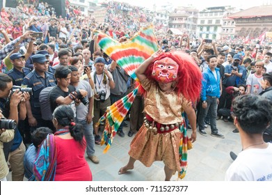 NEPAL, KATHMANDU, 6th SEPTEMBER 2017: The Majipa Lakhey - "Manjusri city demon", performs a ceremonial dance during the Indra (Kumari) Jatra festival at Durbar Square.
