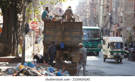 Nepal - Kathmandu - November 2021: Busy streets of Kathmandu with crowded streets full of people and vehicles, Nepal.