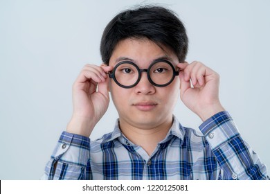 Nerd Asian Glasses Men Hand Touch Black Round Glasses White Background