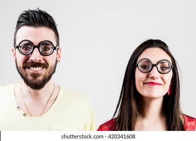 Nerd Couple Made By A Nerd Man And Nerd Woman With Very Thick Eyeglasses