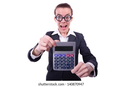 Nerd female accountant with calculator