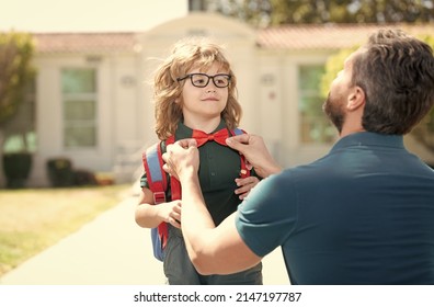 Nerd In Glasses With Teacher. Education. First Day At School. Father And Son