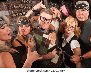 Nerd Husband And Wife Being Cool With Biker Gang In Bar