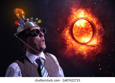 Nerd with QAnon symbol or Q Anon, a deep state conspiracy theory fire