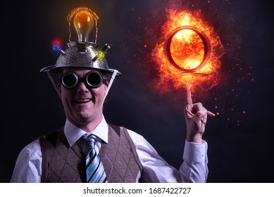 Nerd With QAnon Symbol Or Q Anon, A Deep State Conspiracy Theory Fire