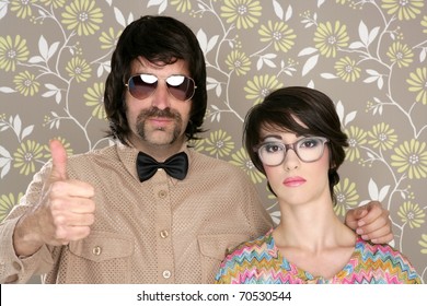 Nerd Silly Couple Tacky Retro 60s Man Woman Ok Hand Sign Floral Wallpaper