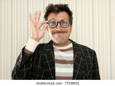 Nerd Silly Crazy Myopic Glasses Man Funny Gesture Mustache Tacky Retro