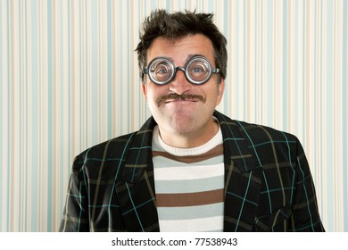 Nerd Silly Crazy Myopic Glasses Man Funny Gesture Mustache Tacky Retro