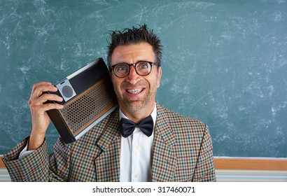 Nerd Silly Retro Teacher Man With Braces And Vintage Radio And Crazy Expression