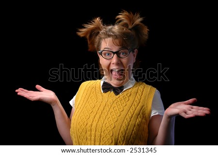 Nerd woman expressing joy over a black background