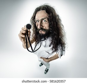 Nerdy doctor in a fish-eye lens