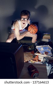 Nerdy Excited Basketball Fans Watching Television