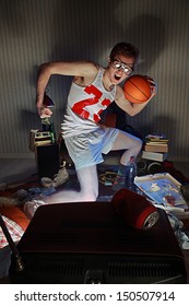 Nerdy Excited Basketball Fans Watching Television Celebrating The Victory