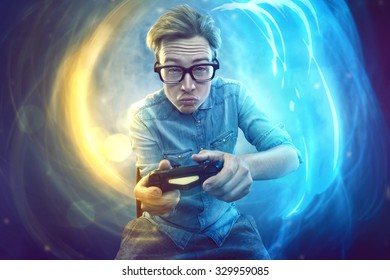 Nerdy gamer with controller