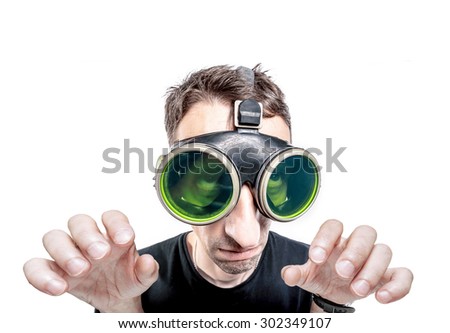 Nerdy guy in green vintage goggles.