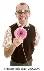 Nerdy Guy Offering A Flower.