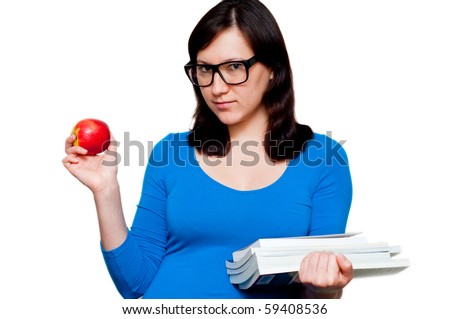 nerdy young female with books and apple isolated