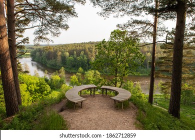 Neris River As Seen From The Hill Fort Of Naujoji Reva In Silenai Cognitive Park Near Vilnius, Lithuania. This Touristic Nature Trail Is A Part Of Neris Regional Park.