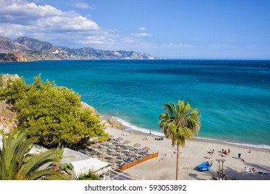 Nerja, Resort Town On Costa Del Sol In Andalucia, Spain, Calahonda Beach At Mediterranean Sea