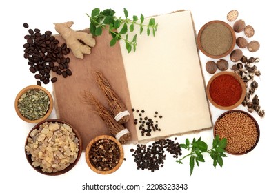 Nervine Plant Based Healing Food Medicine With Herb Spice Collection. Nerve Tonic Foods To Revitalise The Nervous System. Natural Adaptogen Alternative Health Care With Hemp Notebook.