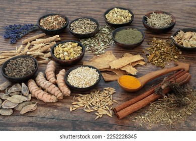 Nervine plant based heath food herbal medicine with herb spice collection. Natural adaptogen alternative health care on rustic wood. - Shutterstock ID 2252228345
