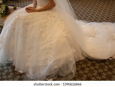 Nervous Bride Sitting Down Before Wedding Ceremony.