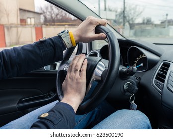 Nervous Man Driver Pushing Car Horn