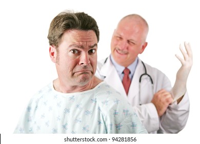 Nervous patient about to be examined by a doctor.  Isolated on white.