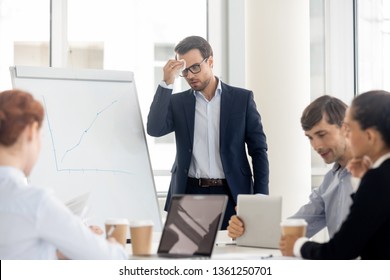 Nervous Sweaty Public Speaker Sweating Wiping Sweat Afraid Or Speaking At Presentation, Stressed Worried Businessman Presenter Feel Fear Panic Attack Anxious About Speech In Front Of Business People