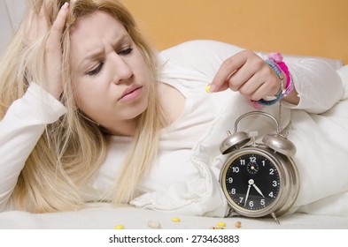 Nervous Young Woman Cant Sleep, Taking Sleeping Pill