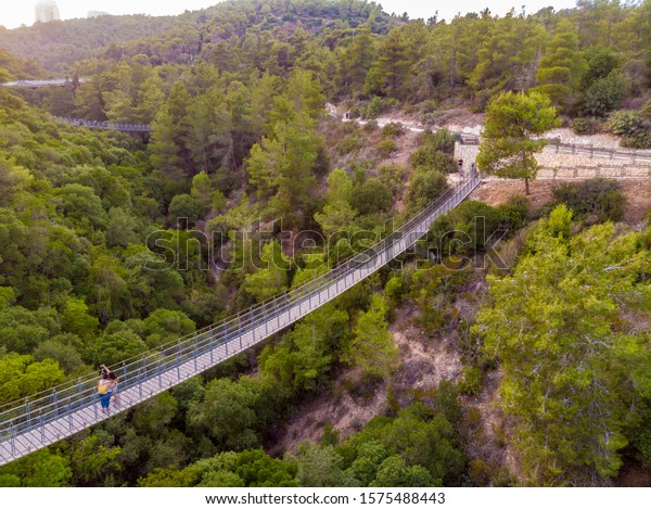 Nesher. Israel. Suspension walking bridge over the\
gorge in Nesher Park.