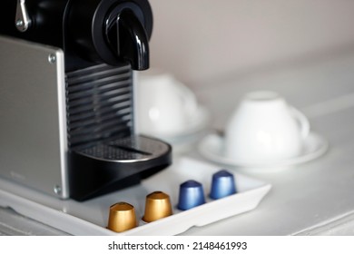 Nespresso Coffee Machine With Capsules And Cup.  11-30-2017