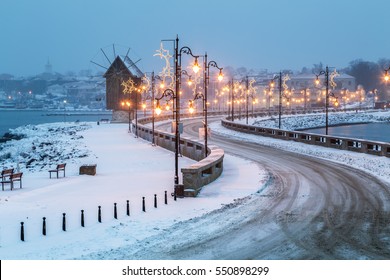 Nessebar city in winter covered in snow