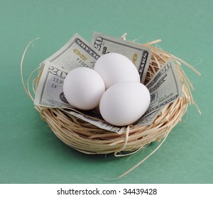 Nest With Money ($20 Dollar Bills) And Eggs. Can Symbolize A Variety Of Things Dealing With The Economy And/or Stock Market Such As 