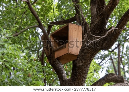 A nesting box for wild birds in a tree in a garden