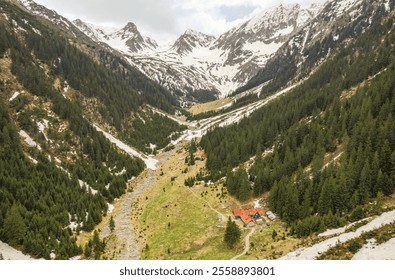 Nestled amidst majestic peaks, the lush valleys of Piatra Craiului reveal a peaceful landscape. Snow-capped mountains loom above green forests, inviting exploration and adventure in Brasov, Romania - Powered by Shutterstock