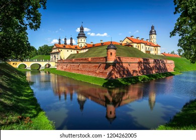 Nesvizh Castle. Belarus. Historical, palace and castle complex. Sunny summer day.
