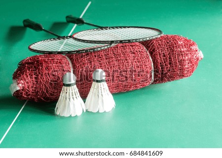 net badminton shuttlecock  and  rackets on the green table

