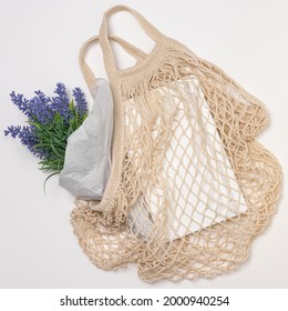 Net Cotton Reusable Grocery Tote Bag With Flowers And Notebook.