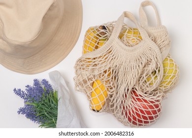 Net Cotton Reusable Grocery Tote Bag With Fruits, Flowers And Hat.