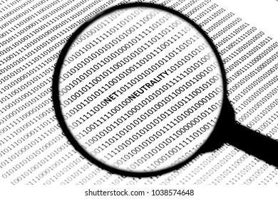 A net neutrality concept image consisting of a magnifying glass, digital code and the word, 